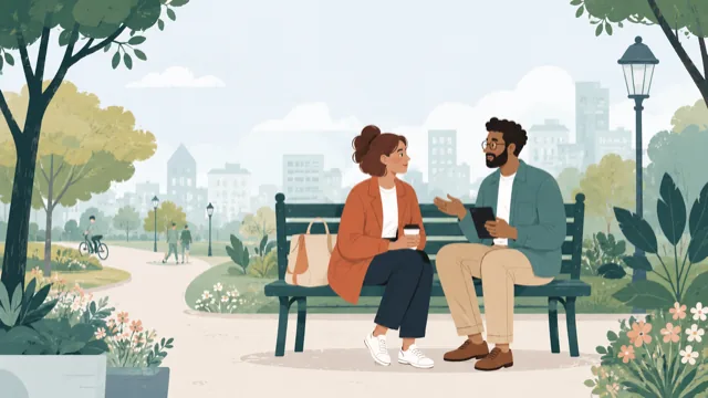 Two friends talking on a park bench: the man has pulled someone up on his tablet and is recommending them to the woman beside him