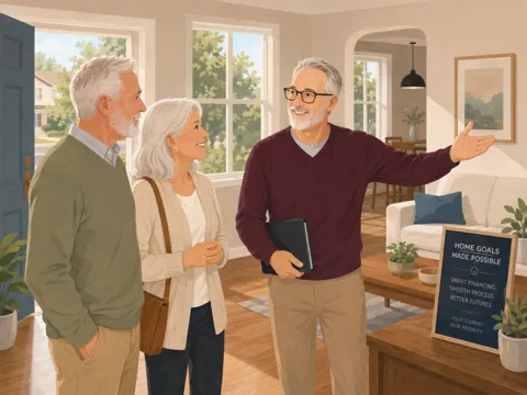 An agent who came recommended shows a retired couple through a bright living room, gesturing toward the home he is walking them through