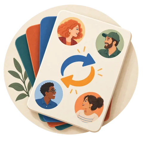 A deck of referral cards: the top card carries four members’ portraits joined by two exchange arrows, the referrals moving between them