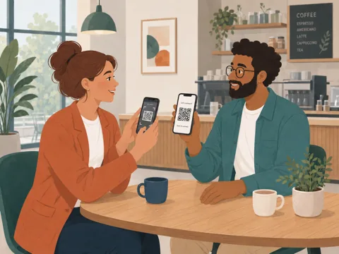In a cafe, the same two friends from the park bench: he holds up his phone showing a QR code that says scan to connect, and she scans it with hers